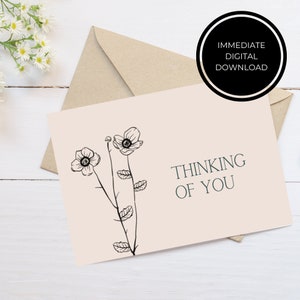 Carte de condoléances en pensant à vous | Dessin au trait floral délicat | Téléchargement numérique | Imprimable | Carte de voeux