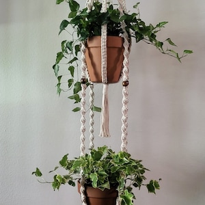 May include: A double-tiered macrame plant hanger with two terracotta pots filled with green plants. The off-white macrame has decorative knots and wooden beads. The hanger is suspended from a wooden branch.