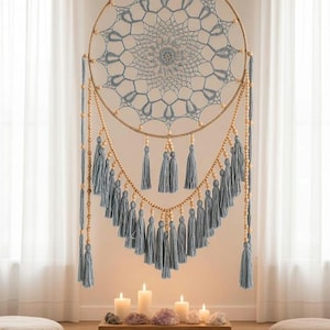 Grande acchiappasogni mandala boho da appendere alla parete • Azzurro • Decorazione murale 48x91 cm