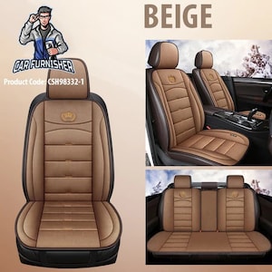 May include: Beige car seat covers with a brown trim and a crown logo. The covers are made of a soft, comfortable material and are easy to install. Product Code: CSH98332-1
