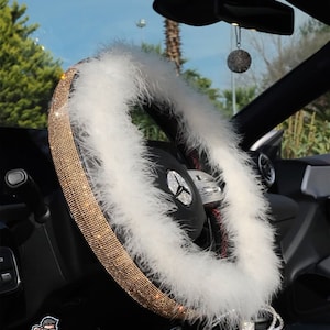 Bling Steering Wheel Cover | Gold Colored Swarovski Crystal Stones | Soft Feathers | Universal Fit | Sparkle | For Her | For Women