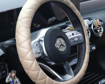 Steering Wheel Cover - Quilted Leather | Crochet Design | Car Accessories | Universal Fit | Non-Slip | Soft Touch | Cute Car | Gift for Her