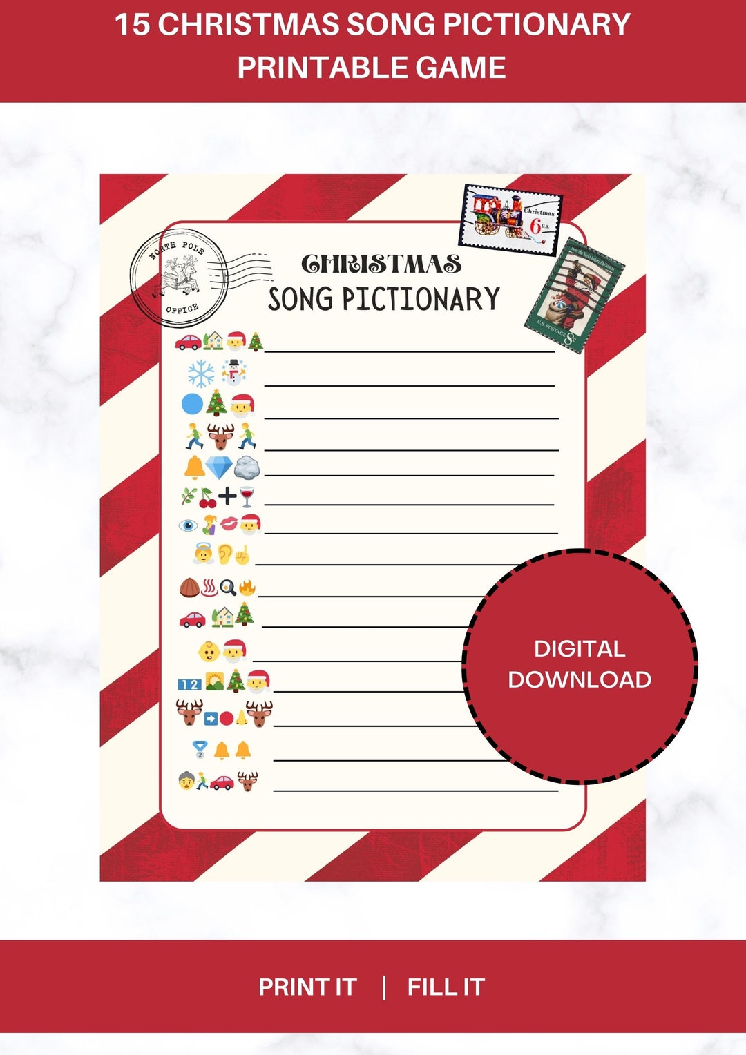 15 Christmas Song Pictionary Game Santa Gingerbread Ho Ho Ho Game for ...