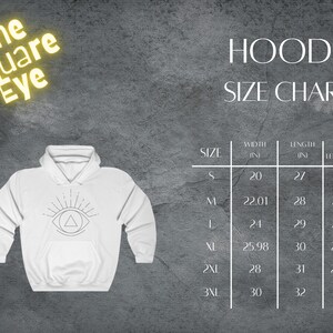 May include: Hoodie size chart with measurements in inches. The chart shows the width, length, and sleeve length for sizes S, M, L, XL, 2XL, and 3XL.