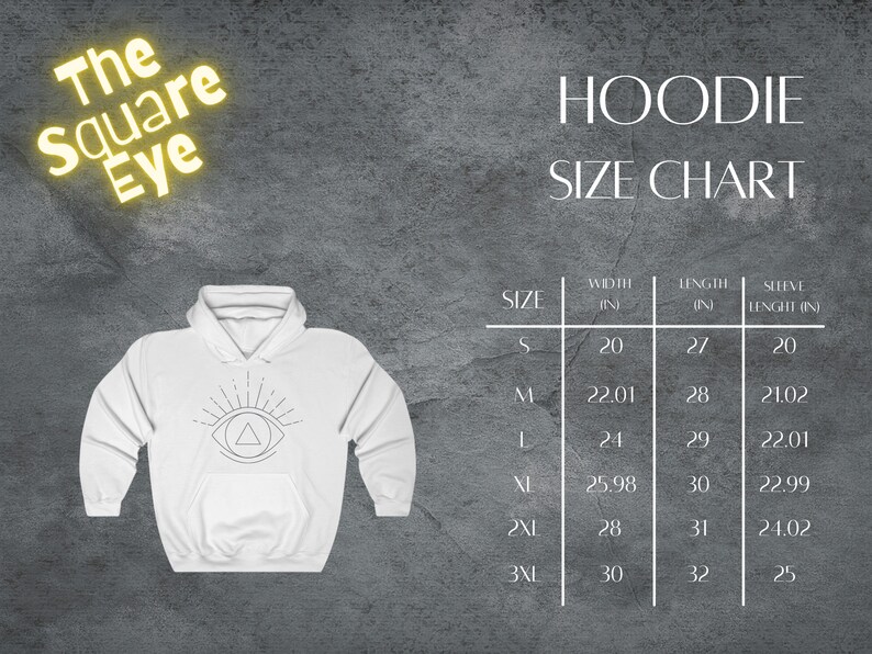 May include: Hoodie size chart with measurements in inches. The chart shows the width, length, and sleeve length for sizes S, M, L, XL, 2XL, and 3XL.