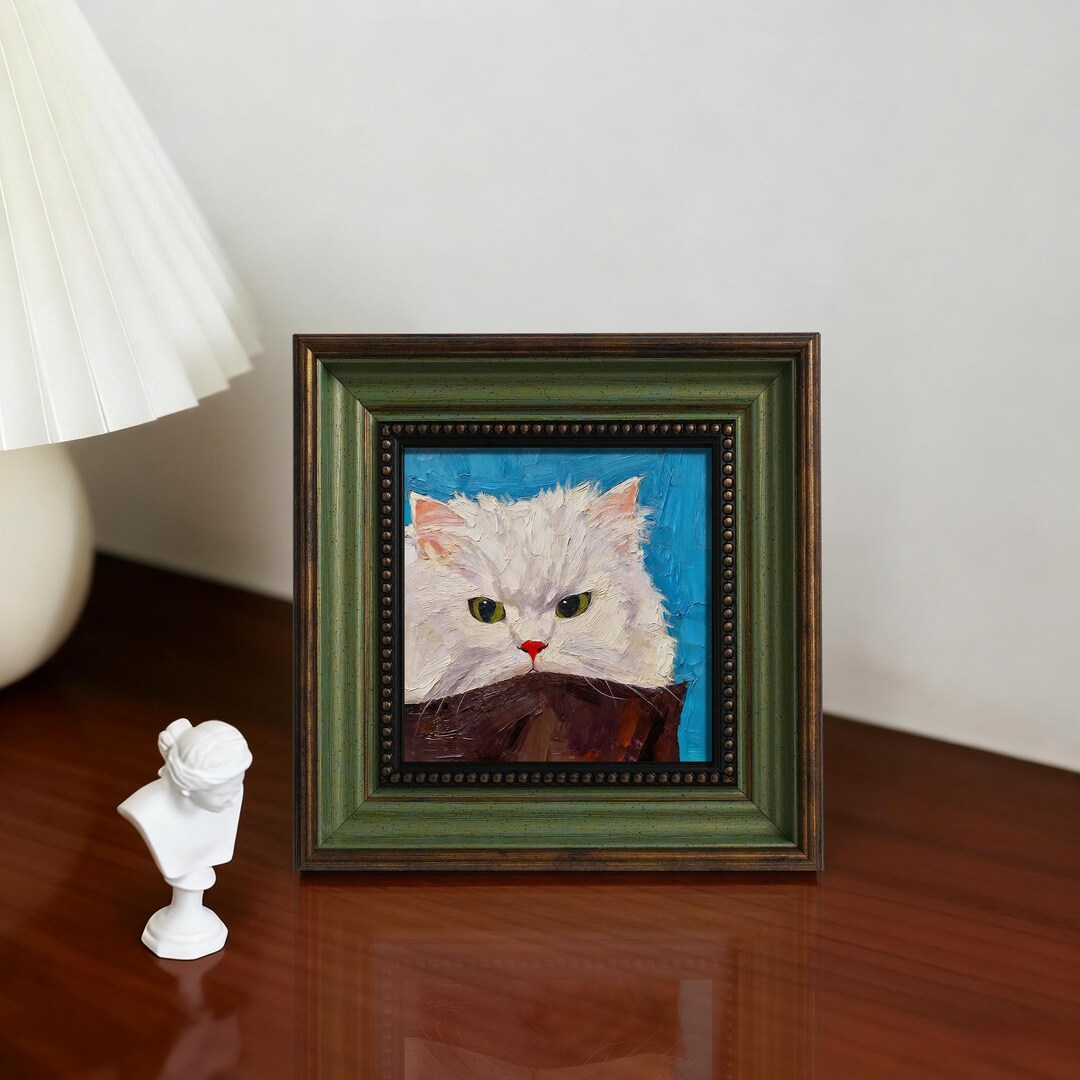 White Persian Cat Oil Painting: Blue Background Cat Art Canvas ...