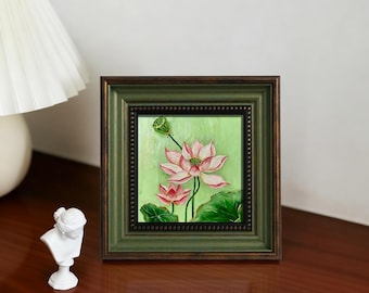 Original Pink Lotus Oil Painting - Floral Home Decoration, Botanical Wall Art, Oriental Elegant Artwork