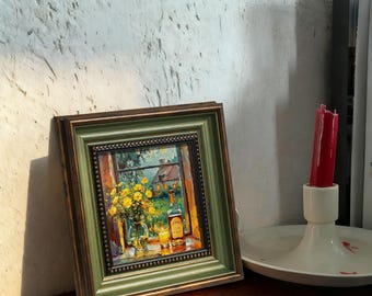 Original Stillleben Ölgemälde - Whisky & gelbe Blumen, Cottage Dekor