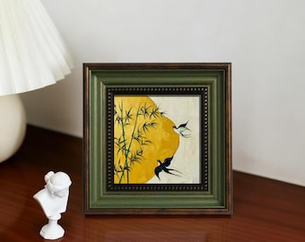 Swallow Bamboo Forest Oil Painting - Traditional Asian Wall Decoration, Impressionist Bird and Bamboo Paintings
