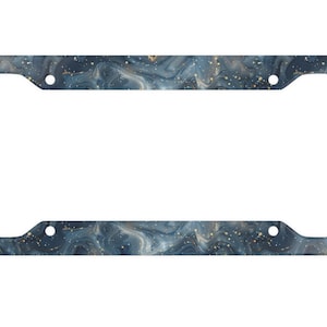 May include: Rectangular license plate frame with a blue and gold marble effect. The frame has rounded corners and four mounting holes. The marble pattern features dark blue, light blue, and gold flecks.