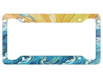 Cornice portatarga con alba sull'oceano in vetro colorato - Targa da spiaggia - Accessorio per auto da spiaggia - Copertura targa con onde - Decorazione per auto a tema oceano