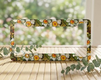 Daffodilly Nummernschildrahmen - Buntglas-Nummernschild - Blumen-Nummernschild - Frauen Auto Zubehör - Gelbe Narzissen - Geschenk für Gärtner
