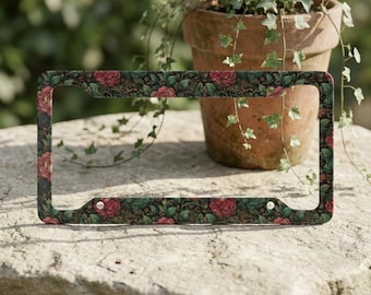 Marco de matrícula con diseño de rosa vintage - Cubierta de matrícula con diseño floral - Regalo para amantes de las rosas - Regalo para jardineros - Accesorio para coche con diseño de rosa - Accesorio para coche vintage