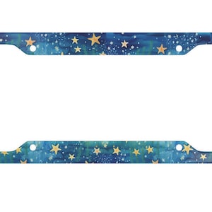 May include: A rectangular number plate frame featuring a deep blue ocean-inspired background with a pattern of light yellow starfish, small white bubbles, and subtle green seaweed silhouettes. The frame has four mounting holes for attachment.