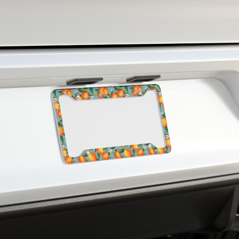 May include: License plate frame with a teal background and a pattern of oranges and white flowers. The frame is rectangular with a white center for the license plate.