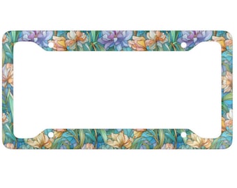 Purple Iris Buntglas-Nummernschildrahmen - Blumen-Nummernschild - Womens Car Accessory - Purple Flower - Natur-Liebhaber-Geschenk