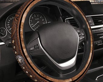 Western Car Steering Wheel Cover | Rustic Brown Woodgrain Look Car Steering Wheel Cover | Western Pattern