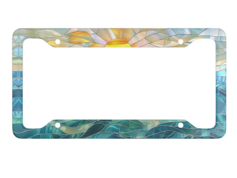 May include: A rectangular license plate frame featuring a stained glass mosaic pattern. The design depicts a sunrise with yellow and orange hues at the top, transitioning into blue and teal waves across the bottom, with four mounting holes.