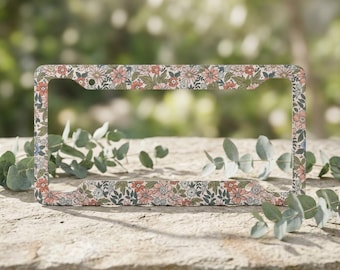 Pfirsichfarbender Blumen-Nummernschildrahmen- Vintage Boho-Nummernschild- Damen Auto Zubehör-Blumen-Nummernschild-Geschenk für sie-Blumen-Nummernschild-Abdeckung