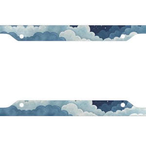 May include: A blue and white license plate frame with a watercolour design of clouds and stars.