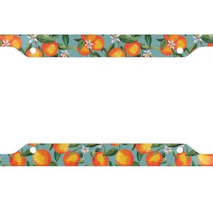 May include: License plate frame with a teal background and a repeating pattern of orange citrus fruits, green leaves, and white blossoms. The frame has a rectangular shape with cutouts for the plate and mounting hardware.