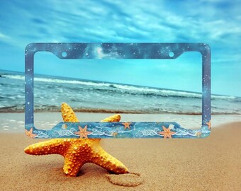 Cornice per targa Starfish Night - Copertura per targa da spiaggia - Cornice per targa Stary Night - Stella marina - Oceano - Accessorio per auto costiero