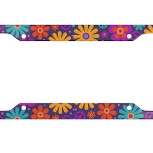 Colorful Retro Flowers License Plate Frame - Hippie License Cover - Retro License Cover- 70's License Plate - Peace Signs - Purple Flowers