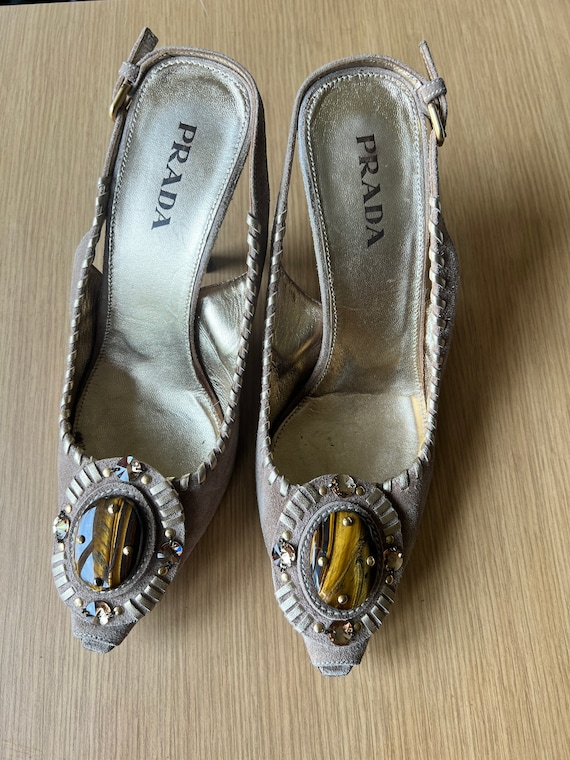 Prada Taupe Suede Jeweled Slingback Pump