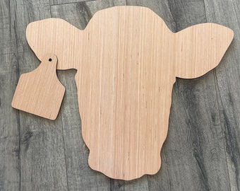 Cow head Unfinished Wood Blank With Ear Tag