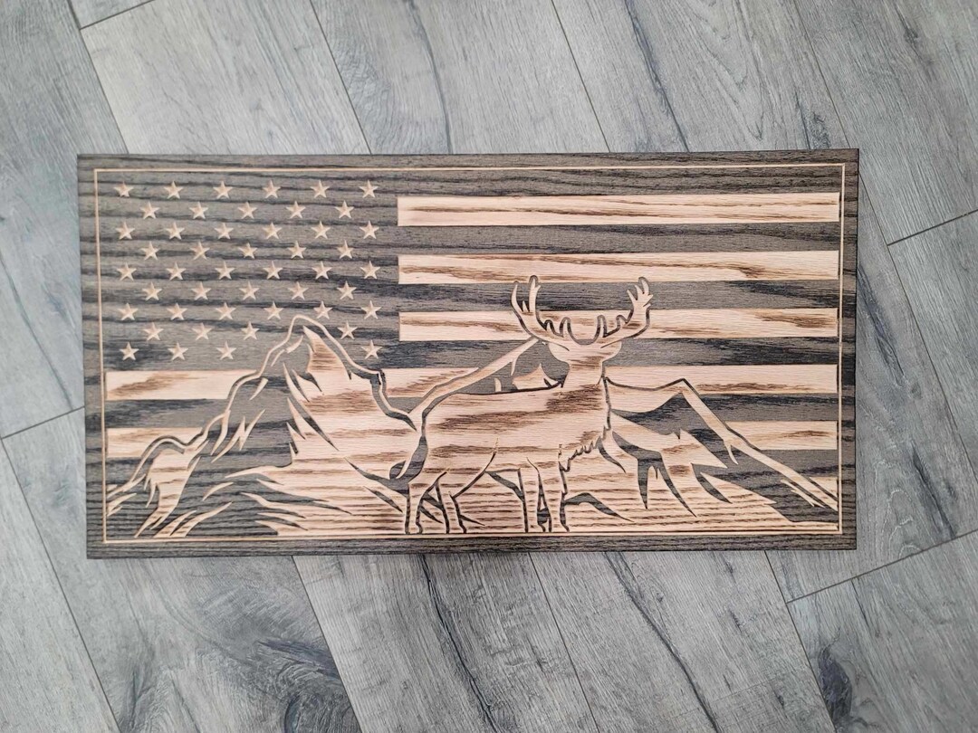 Wood American Flag Deer Sign Mountain Deer Sign Red Oak American Flag ...
