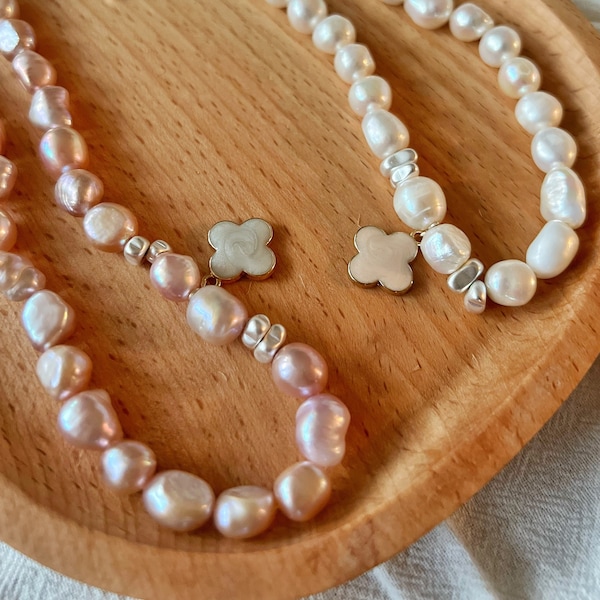 Pearl clover necklace baroque pearl necklace duo necklaces twin necklaces bff necklace handmade spring necklace double necklaces