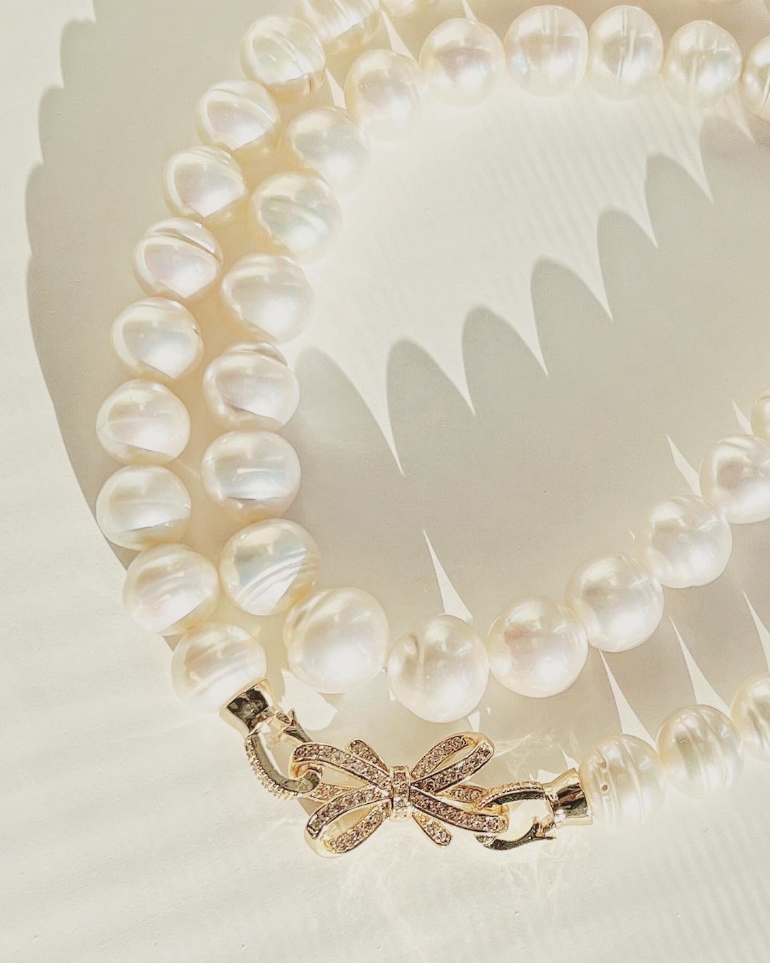 Pearl Necklace Gold Bow Stunning Pearl Necklace Spring Elegant Necklace ...