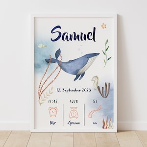 WAL UNTERWASSERWELT Geburtstafel | Geburtserinnerung | Geburtsposter | Geschenk zur Geburt | Geburtsdaten | Personalisiert | DinA4