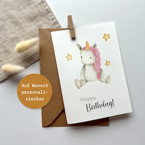 Geburtstagskarte sitzendes Einhorn pink Postkarte DinA6- personalisierbar - Einhorn - Klappkarte - Geburtstagsgeschenk - FineArt Print