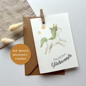 Geburtstagskarte springendes Einhorn grün Postkarte DinA6- personalisierbar - Einhorn - Klappkarte - Geburtstagsgeschenk - FineArt Print
