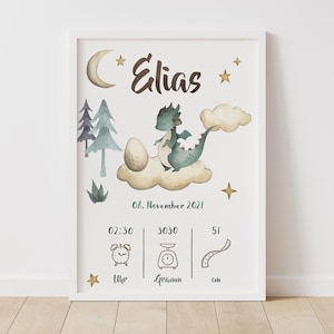 DRACHE MIT EI Geburtstafel | Geburtserinnerung | Geburtsposter | Geschenk zur Geburt | Geburtsdaten | Personalisiert | DinA4