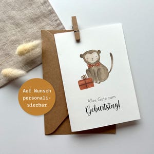Geburtstagskarte Äffchen mit Geschenk Postkarte DinA6 - personalisierbar - Affe - Klappkarte - Geburtstagsgeschenk - FineArt Print