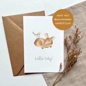 Karte zur Geburt "hallo baby!" // "kleines Wunder" personalisierbar, Motiv: Reh mit Vogel - Klappkarte DinA6 - Geburtskarte - FineArt Print
