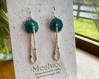 Handcrafted Earrings, Crocheted with crystal and glass beads, sterling silver hook