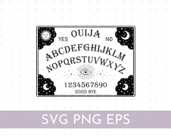 May include: A black and white Ouija board with the words "OUIJA", "YES", "NO", the alphabet, numbers, and "GOOD BYE". The board features celestial designs and is rectangular in shape.