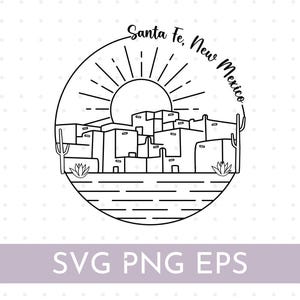 Puede incluir: Ilustración en blanco y negro de Santa Fe, Nuevo México, con un sol, edificios, cactus y el texto "Santa Fe, New Mexico" en un diseño circular. La parte inferior de la imagen incluye el texto "SVG PNG EPS".