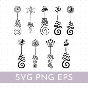 May include: Black and white line art illustrations of various spiritual symbols, including the Om symbol, a crescent moon, and a yin-yang symbol. The designs are vertical and feature intricate details. The text "SVG PNG EPS" is at the bottom.