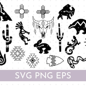 May include: Black and white Southwestern-themed vector graphics. Includes a howling wolf, sun symbols, a bison, a bear, a lizard, a snake, a rabbit, a hand, a cactus, a Kokopelli figure, and a steer skull. Text: SVG PNG EPS.