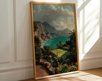 Vintage Coastal Tennis Court Art Print, Mediterranean Beach House Decor (Digital Download)