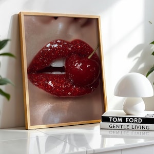 Cherry Lips Digital Art Print | Glam Lip Wall Art | Bold Sexy Poster for Bedroom or Vanity | Glossy Red Aesthetic | Instant Download