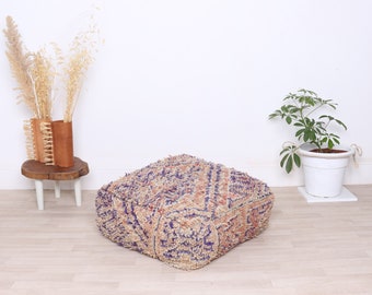 Moroccan Kilim Pouf, Floor Pouf, Vintage Moroccan Ottoman,  bujaad Square pouf, Berber Floor Cushion .