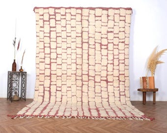 Moroccan Beni Ourain Rug – Handmade Wool Area Rug – Modern Boho Abstract Rug – Pink Accent Carpet