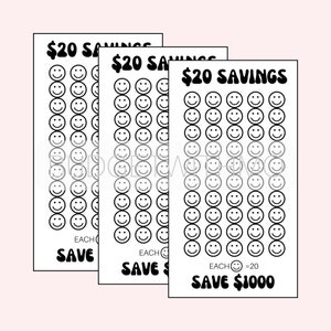 Digital Savings Challenge, Printable Savings Challenge, 20 Dollar Savings, Save 1000 Dollars, Smile Face Saving Challenge