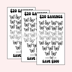 Digital Savings Challenge, Printable Savings Challenge, 20 Dollar Savings, Save 500 Dollars, Butterfly Saving Challenge
