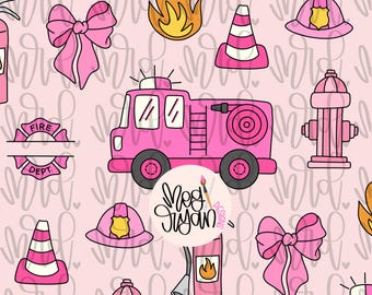 Pink Firefighter Pattern | Firefighter Wife | Pink Coquette Pattern | Bow Pattern | Seamless Pattern | Repeat Pattern | Preppy Fabric Design